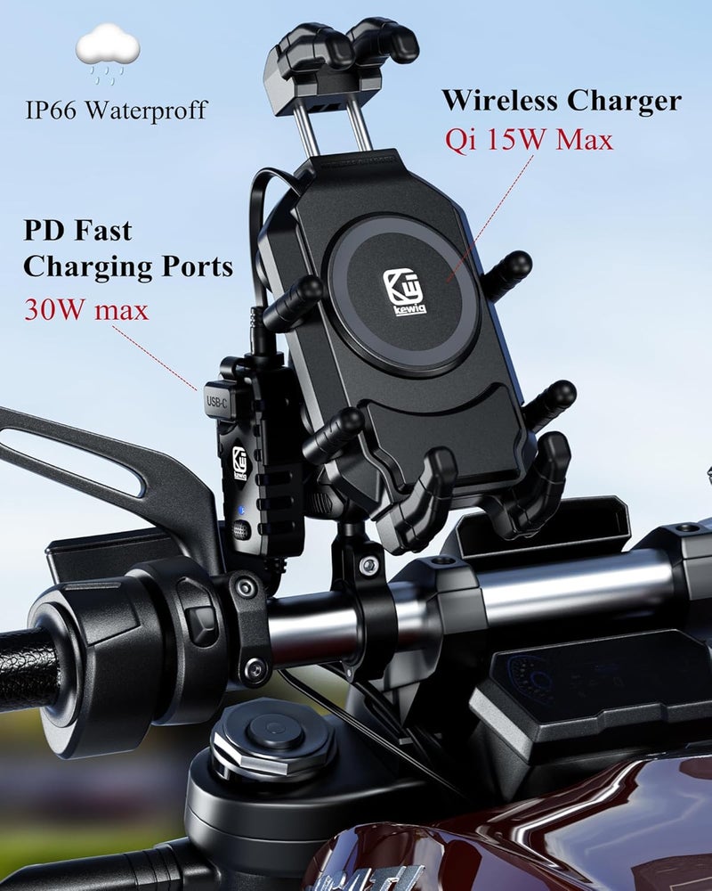 BRCOVAN Motorcycle Phone Mount Holder with Qi 15W Wireless Charger & 30W PD/USB-C Fast Charging Port, Anti-Theft Handlebar Cellphone Cradle with Vibration Dampener, Adjustable for 5.4-7.2'' Smartphone - Image 2